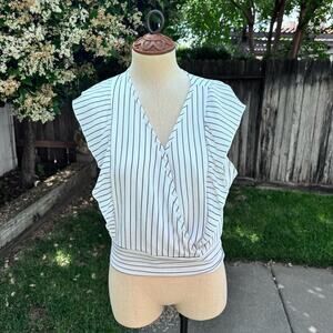Guess White & Black Stripped Sleeveless Flutter Faux Wrap Blouse Top Women's L